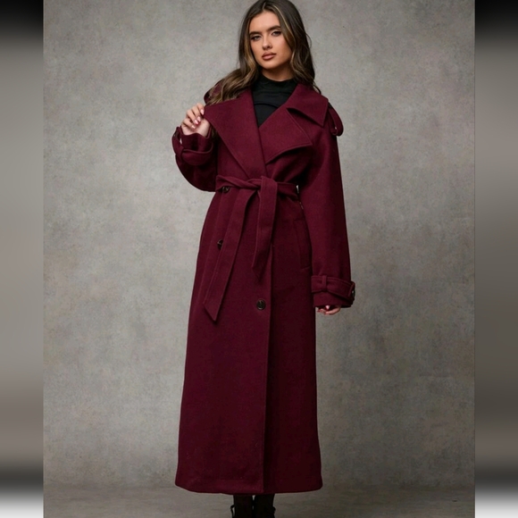 Double Breasted Lace Up Outerwear Vintage Burgundy Lapel Women's - Picture 8 of 10